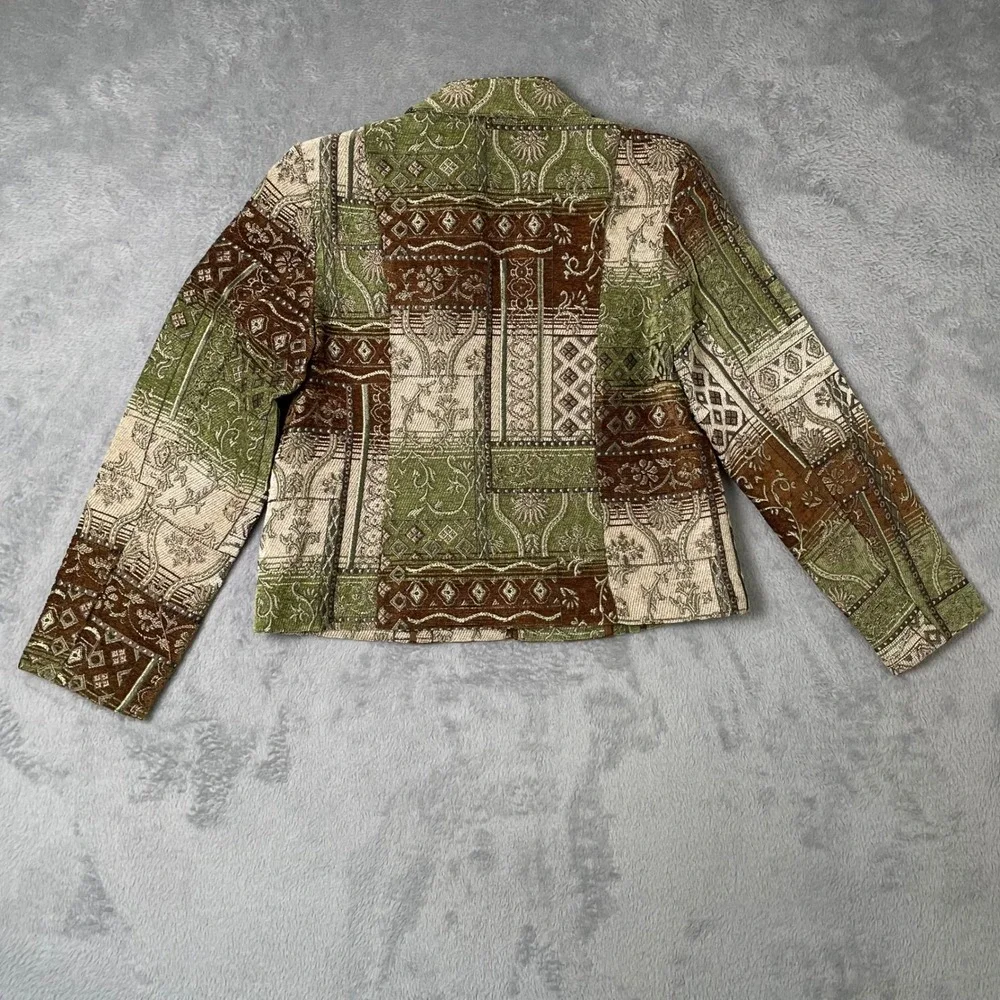 Vintage Patchwork Tapestry Jacket Womens Green Brown Whimsigoth Fairycore Earthy